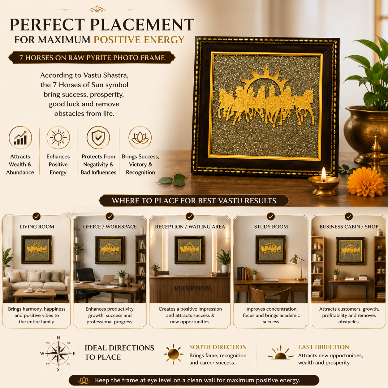 7 Horses on Raw Pyrite Photo Frame for Vastu