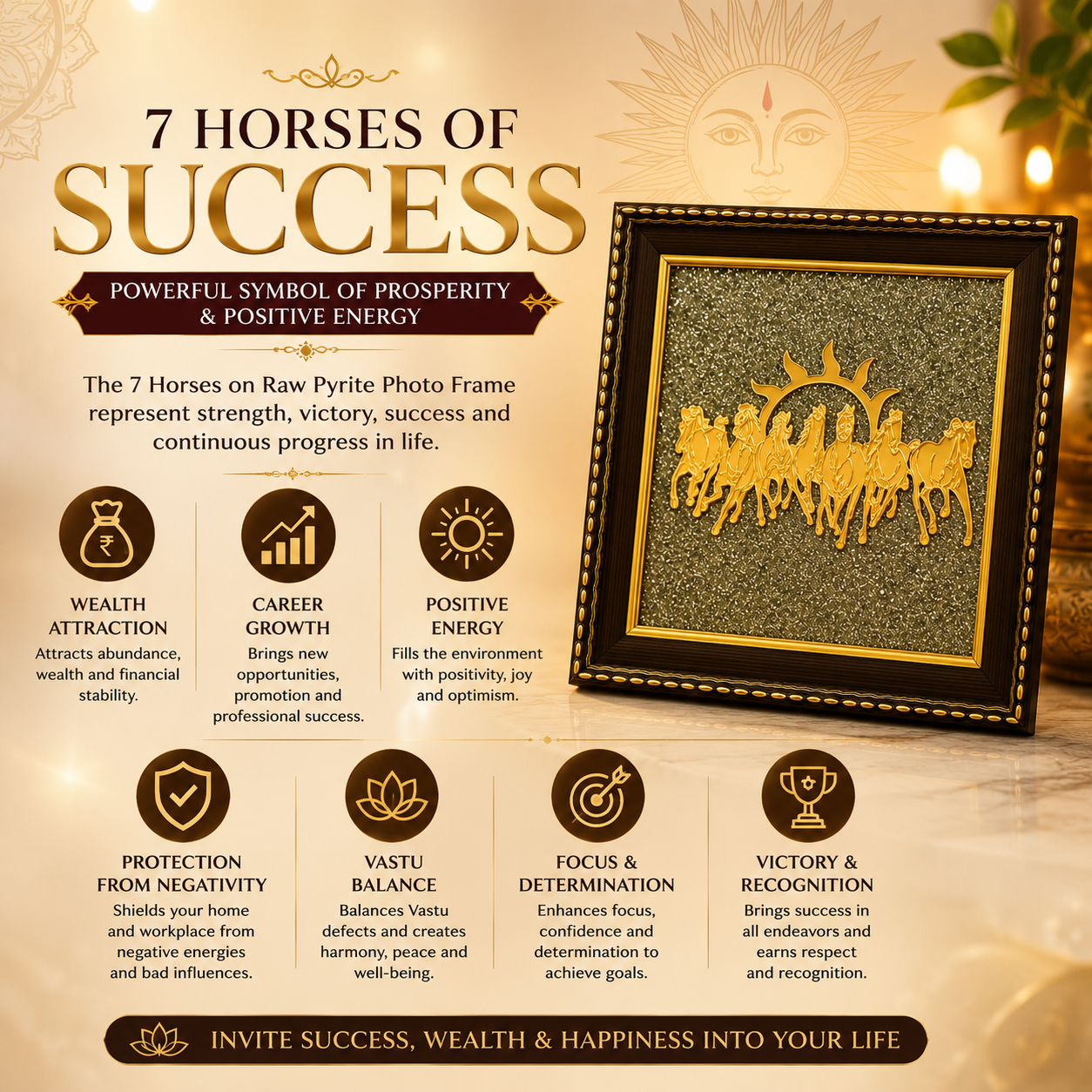 7 Horses on Raw Pyrite Photo Frame for Vastu