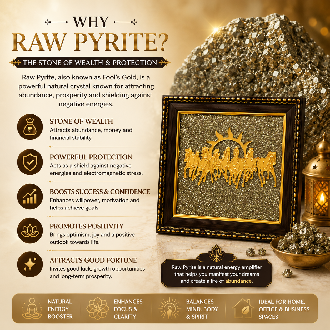 7 Horses on Raw Pyrite Photo Frame for Vastu