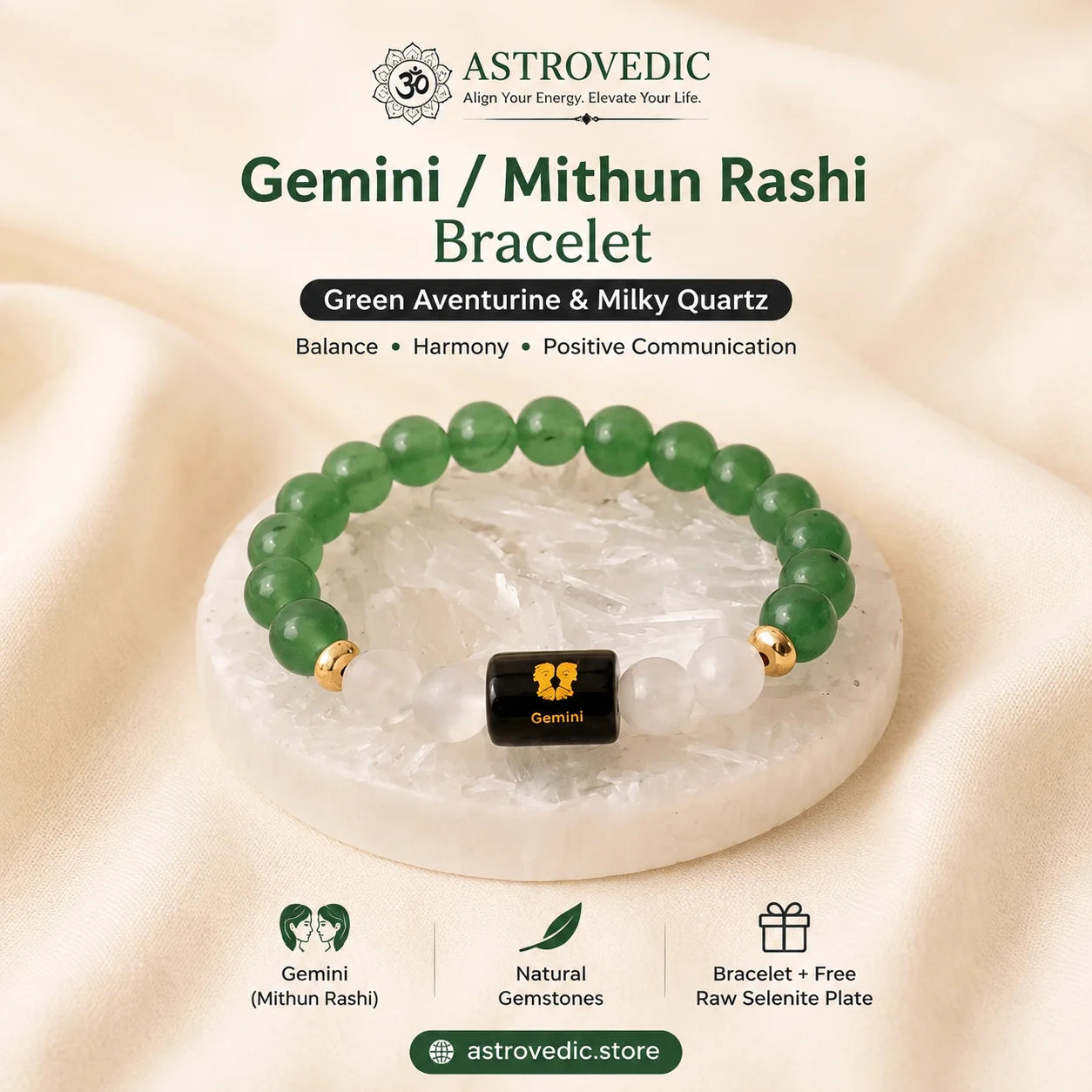 Gemini / Mithun Rashi Bracelet (Green Aventurine & Milky Quartz)