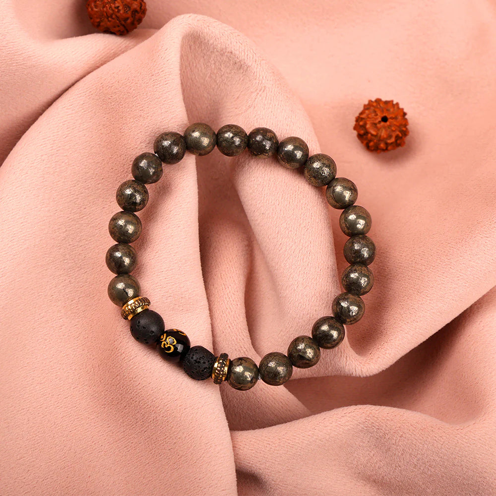 Astro Vedic Om Raw Pyrite with Lava Stone Bracelet