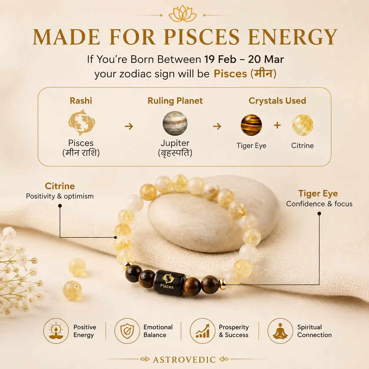 Pisces / Meen Rashi Bracelet (Citrine & Tiger Eye)