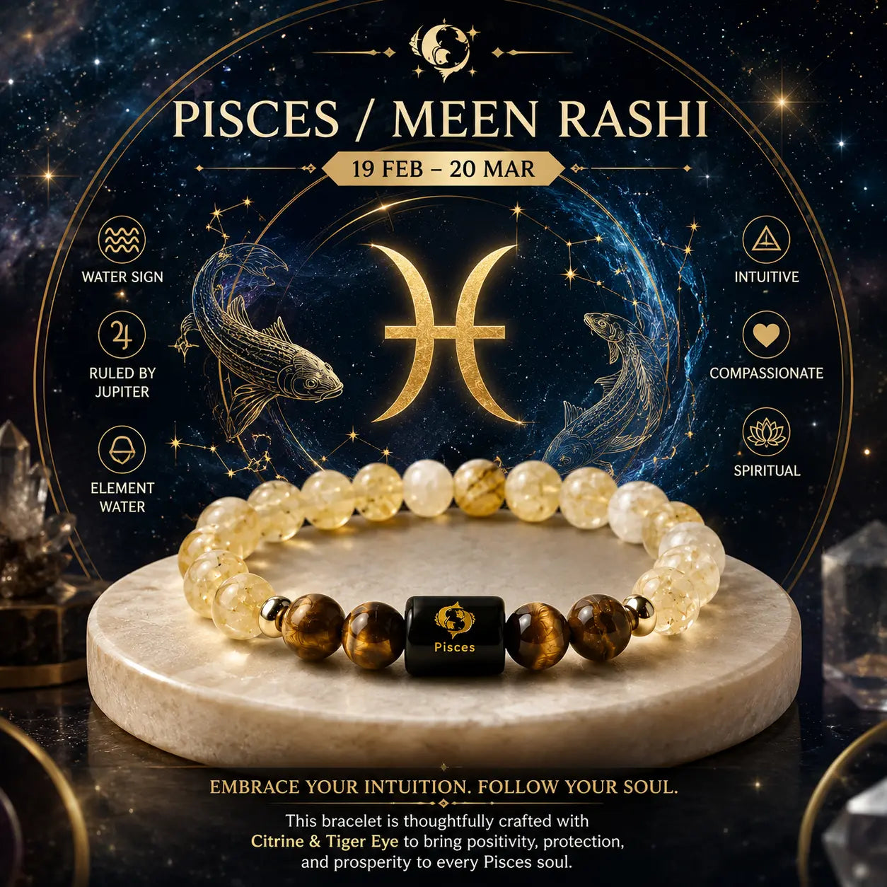 Pisces / Meen Rashi Bracelet (Citrine & Tiger Eye)